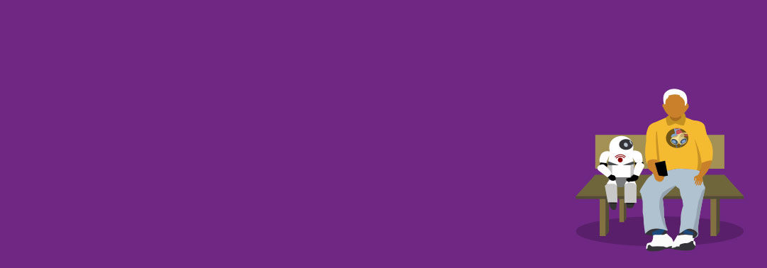 Man and robot on a bench illustration