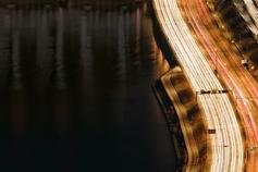 Aerial view of a lit up road