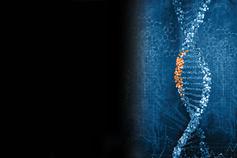 Blue and red vertical DNA structure with chemical formulas in background