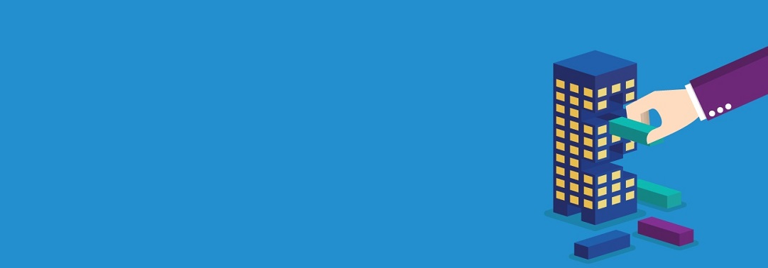 Illustration of hand putting green blocks into a jenga like building