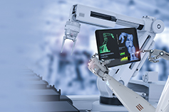 Robot arm holding tablet in a laboratory