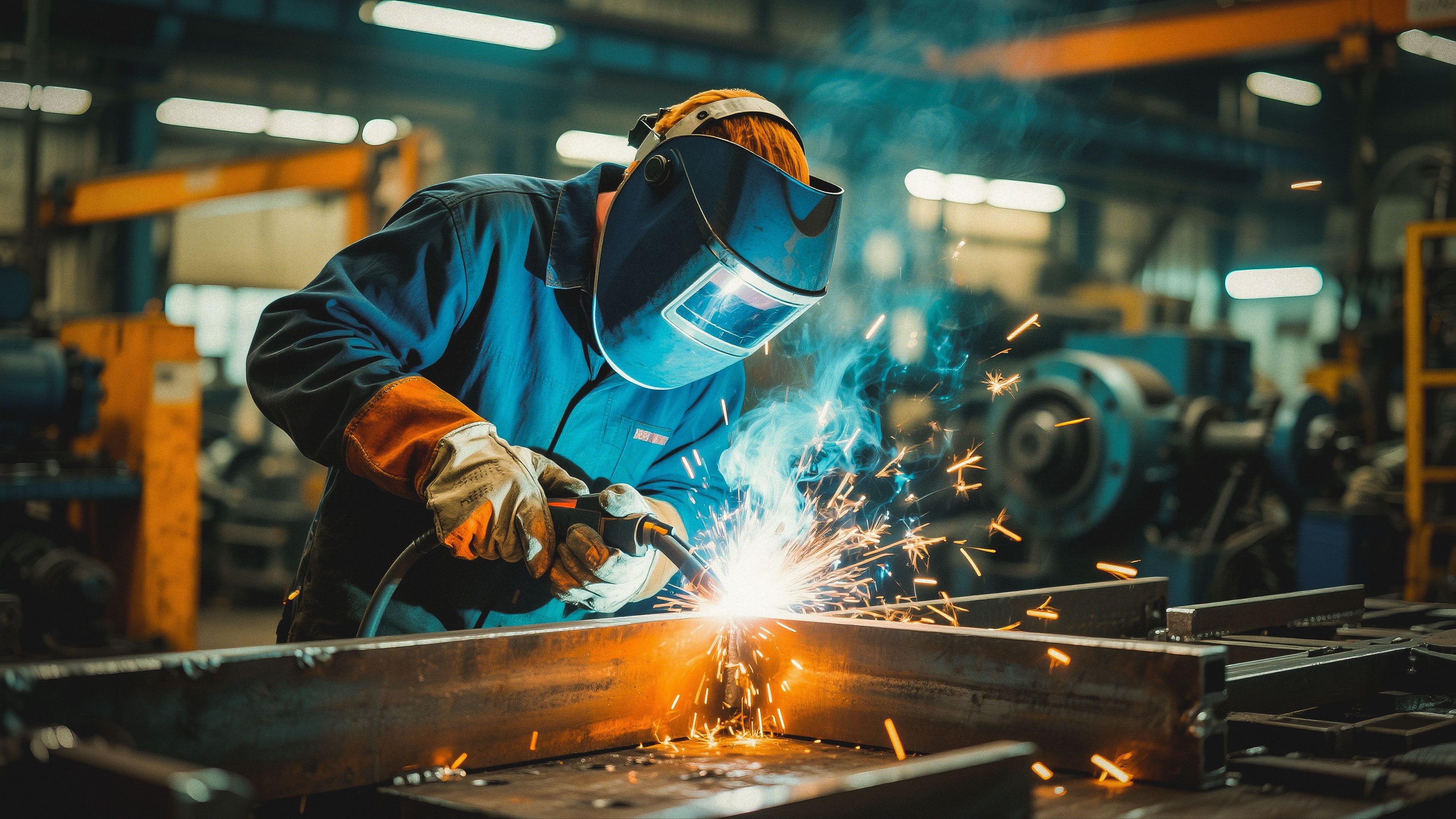 A skilled welder meticulously works on a metal structure, creating sparks and glowing lights in a workshop environment. Protective gear on full display.
