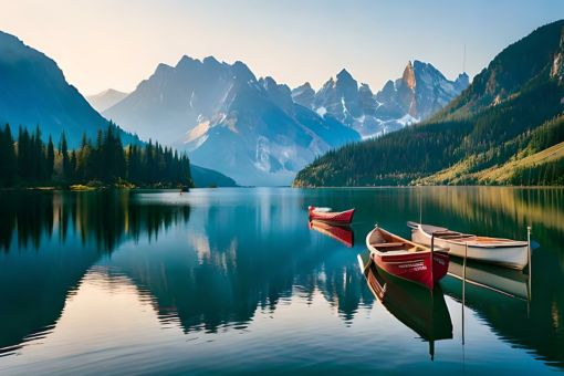 3 canoes on lake in mountains