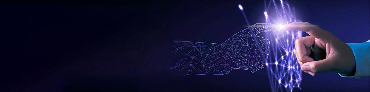 mão virtual tocando com o dedo indicador uma mão humano pelo dedo indicador