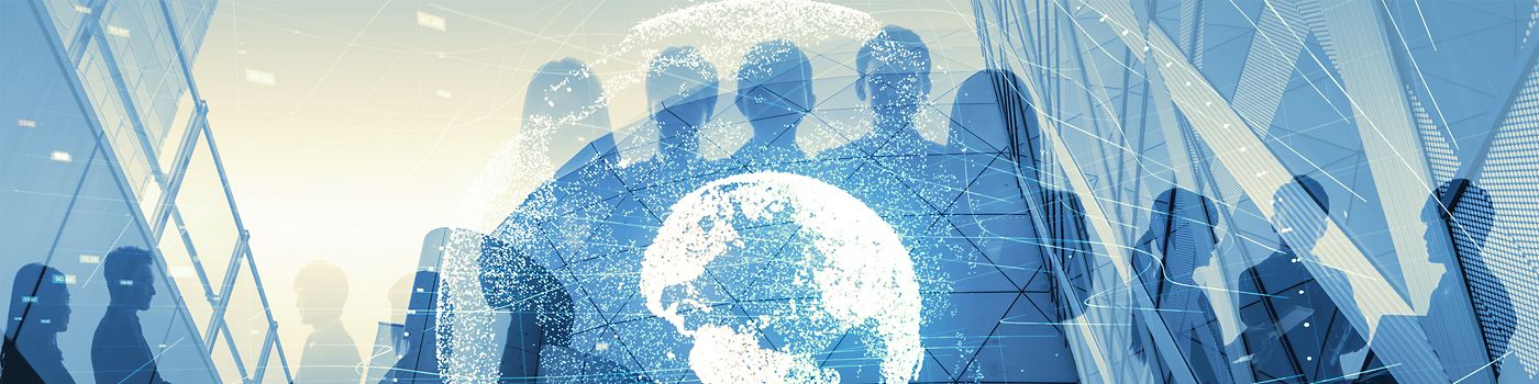 imagem de sombras de pessoas em azul e no meio delas um globo terrestre