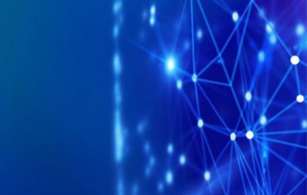 Connected light dots on a blue & dark cyan background