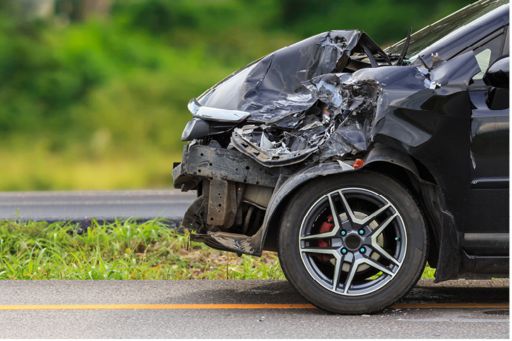 Car with damaged front end after crash