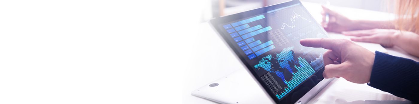 Finger touching screen with financial analytics
