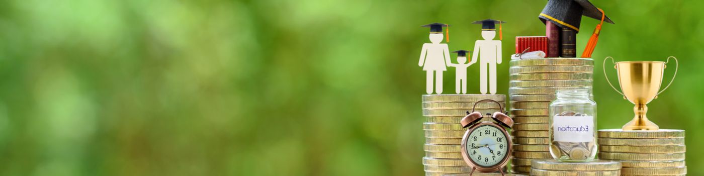 stacks of coins with thumbnails displaying education, salary, and time