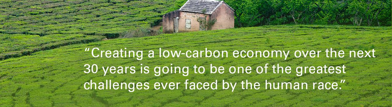 Forrest, with text overlaid "Creating a low-carbon economy over the next 30 years is going to be one of the greatest challenges ever faced by the human race"