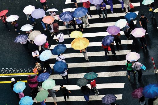 KPMG IFRS Newsletter: Insurance publication image: crowd crossing a street carrying open umbrellas.