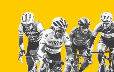 Equal male and female professional cyclists on yellow background