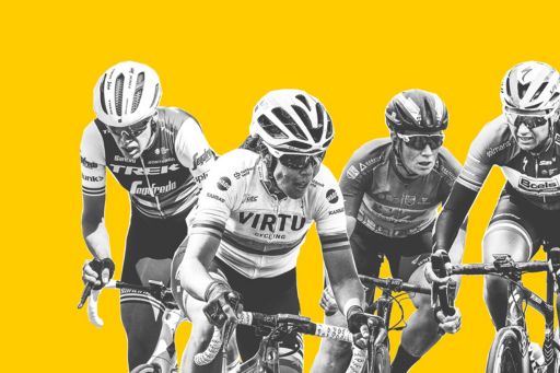 Equal male and female professional cyclists on yellow background