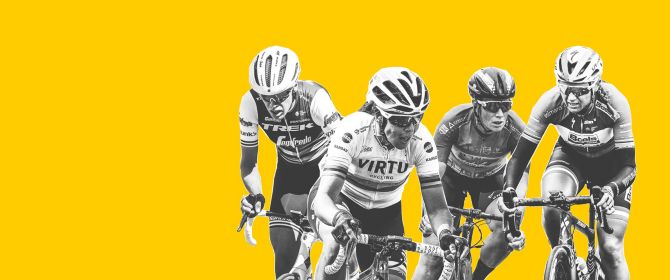 Equal male and female professional cyclists on yellow background