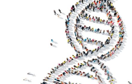 People forming a double helix