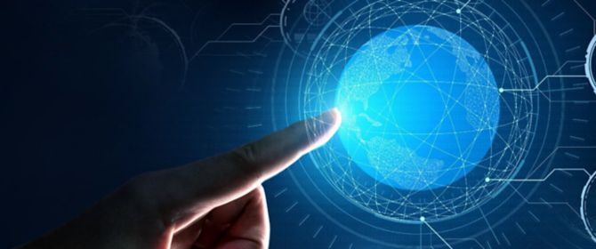 uma mão tocando uma tela em 3d 