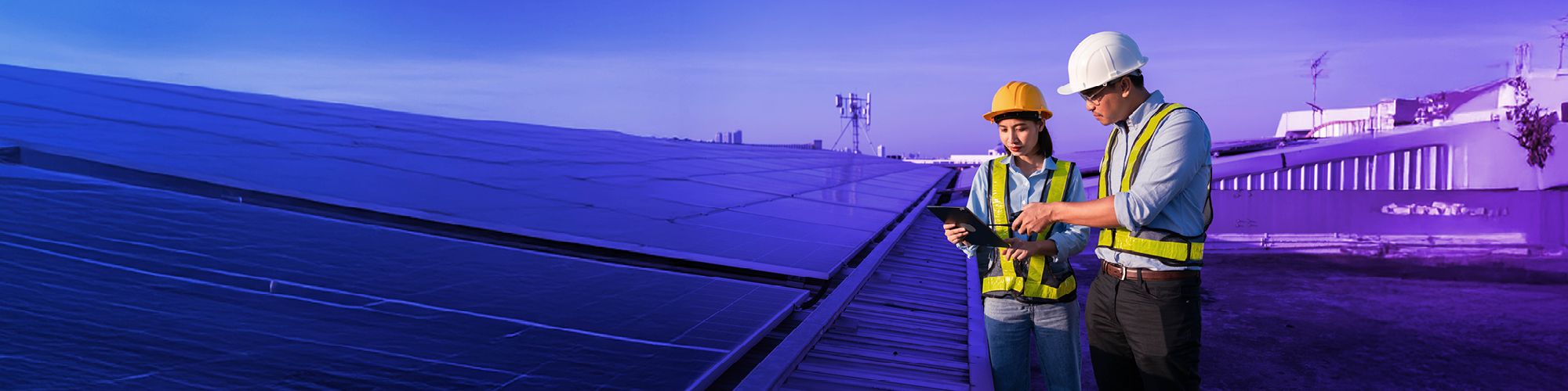 A man and a woman are holding papers and talking with a windmill in the background