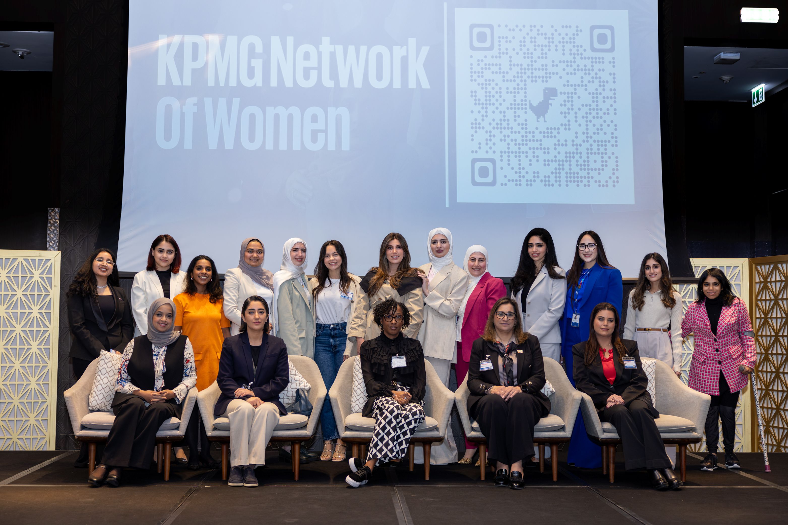 The women of KPMG Kuwait with the panelists and guest speakers after ProudCast 2024.