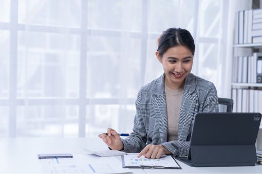 Woman working on data