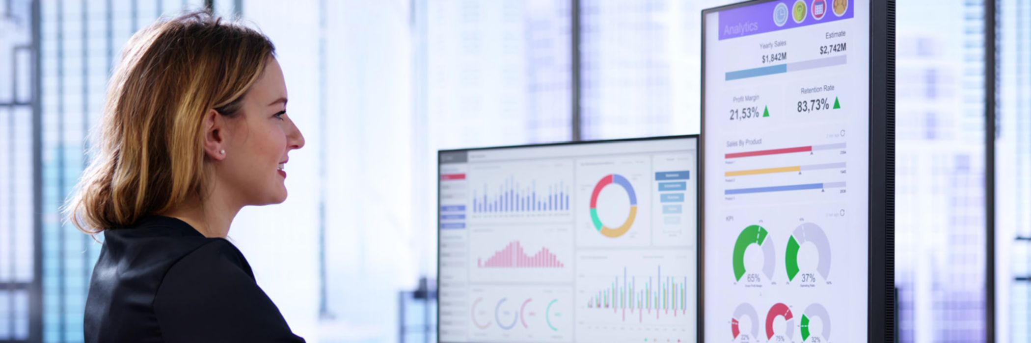 Woman looking at data on screen