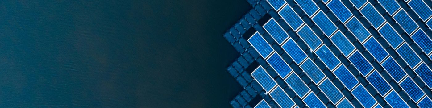 Aerial view of floating solar panels