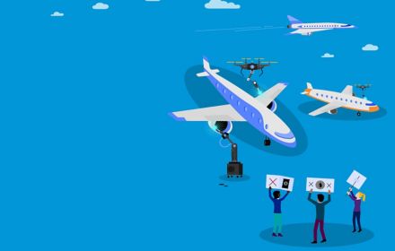Aeroplanes, drones and people holding placards - illustration