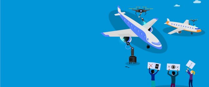 Aeroplanes, drones and people holding placards - illustration