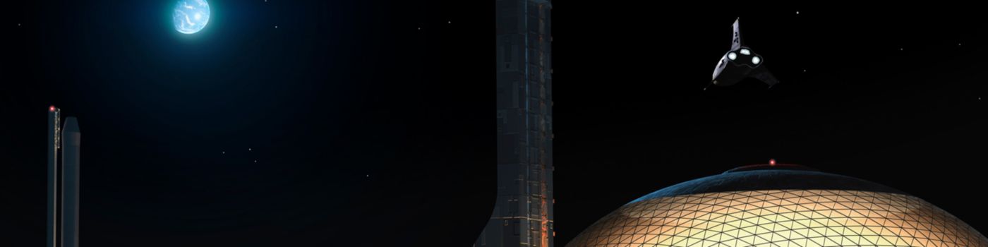 An example of what a moon base could look like, with a view of the Earth