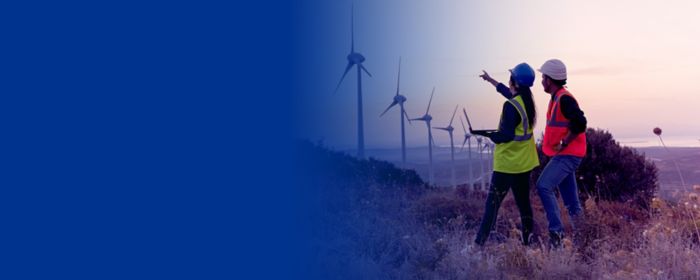 Engineers in high vis pointing at wind turbines