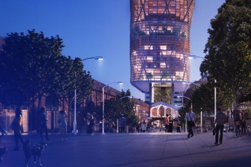Artist impression of Atlassian Central from ground level at night time