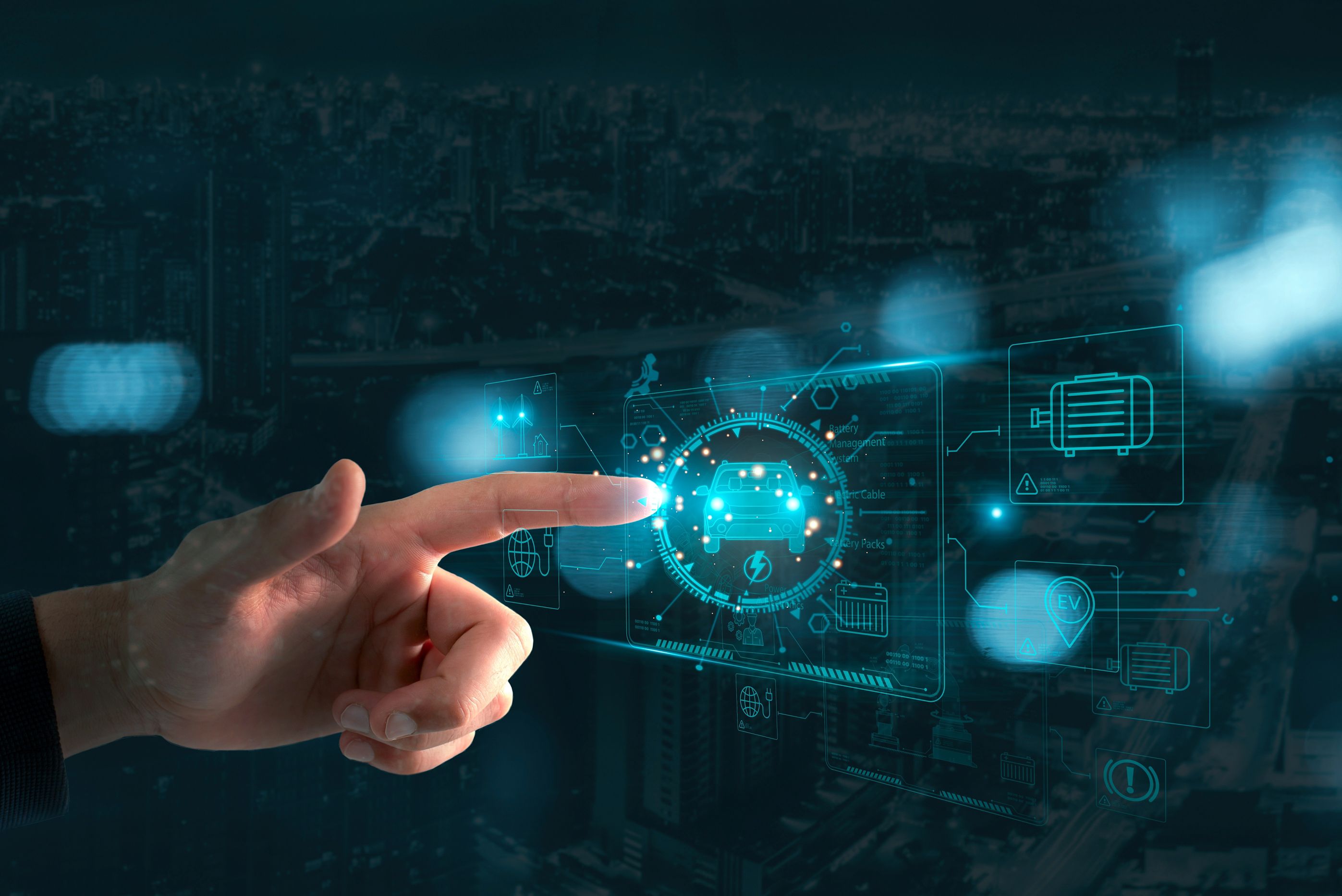 Industry concept for electric car technology: a virtual graphic touch user interface with a blurring city background on a screen in the future.