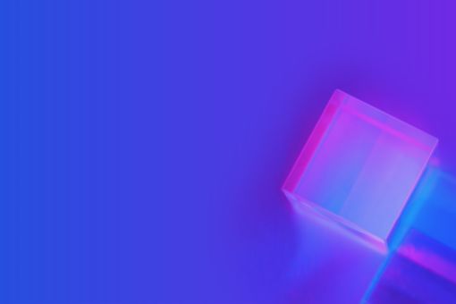 Abstract cubes in pink and blue with a dark blue and purple background 