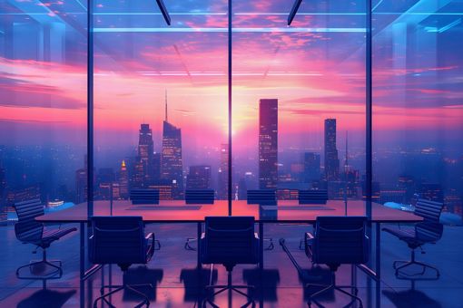 Board room table and chairs with cityscape at dawn