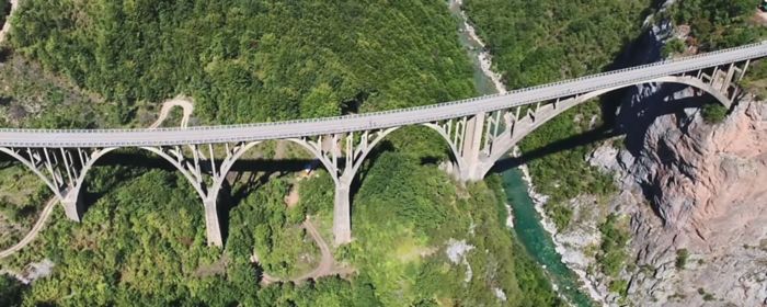 Bridge on green forest and river