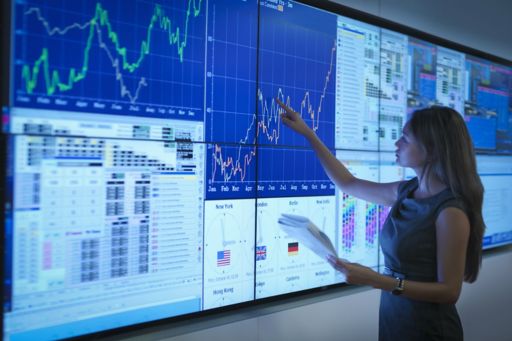 Business woman pointing at graph on digital screen