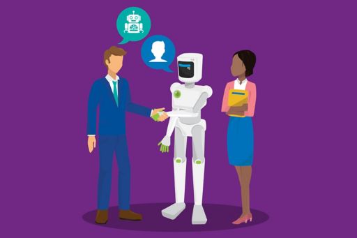 Businessman wearing formals shaking hand with white robot and a woman holding files, Illustration