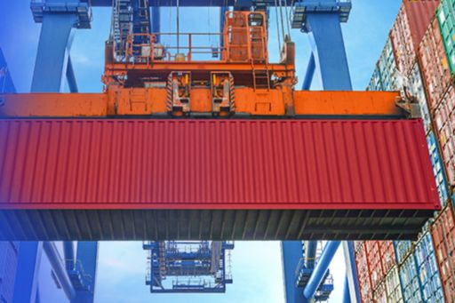 cargo containers lifting-through metallic crane banner