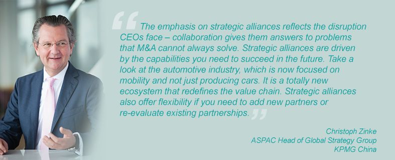 “The emphasis on strategic alliances reflects the disruption CEOs face – collaboration gives them answers to problems that M&A cannot always solve. Strategic alliances are driven by the capabilities you need to succeed in the future. Take a look at the automotive industry, which is now focused on mobility and not just producing cars. It is a totally new ecosystem that redefines the value chain. Strategic alliances also offer flexibility if you need to add new partners or re-evaluate existing partnerships.” Christoph Zinke, ASPAC Head of Global Strategy Group, KPMG China