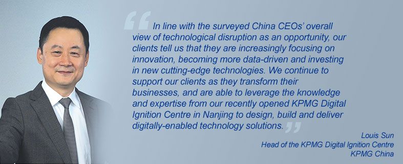 “In line with the surveyed China CEOs’ overall view of technological disruption as an opportunity, our clients tell us that they are increasingly focusing on innovation, becoming more data-driven and investing in new cutting-edge technologies. We continue to support our clients as they transform their businesses, and are able to leverage the knowledge and expertise from our recently opened KPMG Digital Ignition Centre in Nanjing to design, build and deliver digitally-enabled technology solutions.” Louis Sun, Head of the KPMG Digital Ignition Centre, KPMG China