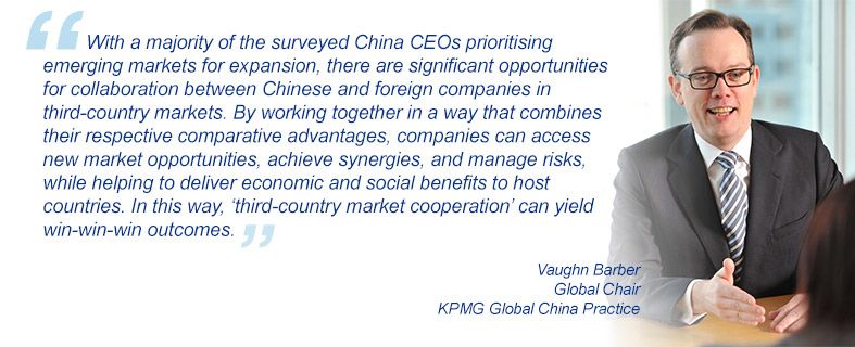 “With a majority of the surveyed China CEOs prioritising emerging markets for expansion, there are significant opportunities for collaboration between Chinese and foreign companies in third-country markets. By working together in a way that combines their respective comparative advantages, companies can access new market opportunities, achieve synergies, and manage risks, while helping to deliver economic and social benefits to host countries. In this way, ‘third-country market cooperation’ can yield win-win-win outcomes.” Vaughn Barber, Global Chair, KPMG Global China Practice