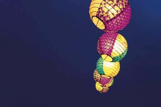 Colorful lighted lamps in air
