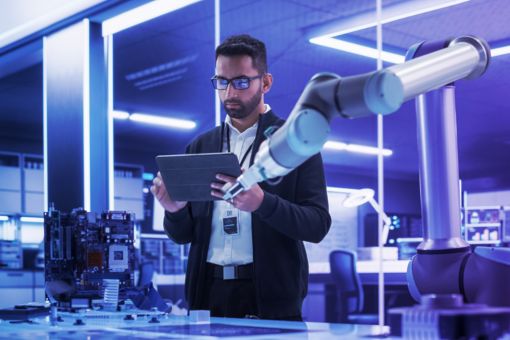 Profesional de robótica industrial interactuando con el brazo robótico durante una fase de investigación en una startup de alta tecnología. El científico utiliza una tableta para manipular y programar el robot para mover un microchip
