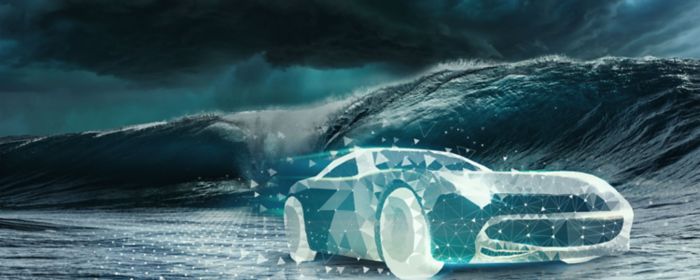Digital pixal car on waves and clouds
