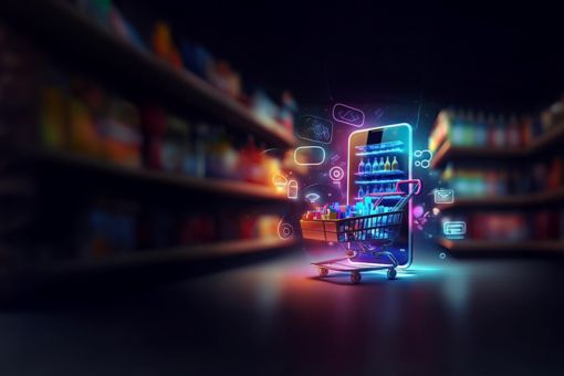 Digital shopping cart and floating icons