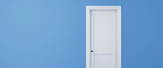 White door on blue background