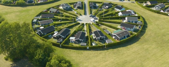 Drone view of houses in meadow