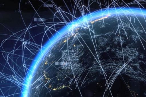 Earth network with electromagnetic waves banner