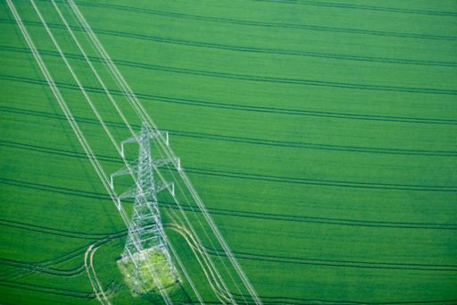 Electricity pylon in wheat field right angle