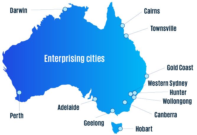 Enterprising cities include Darwin, Cairns, Townsville, Gold Coast, Western Sydney, Hunter, Wollongong, Canberra, Hobart, Geelong, Adelaide, Perth