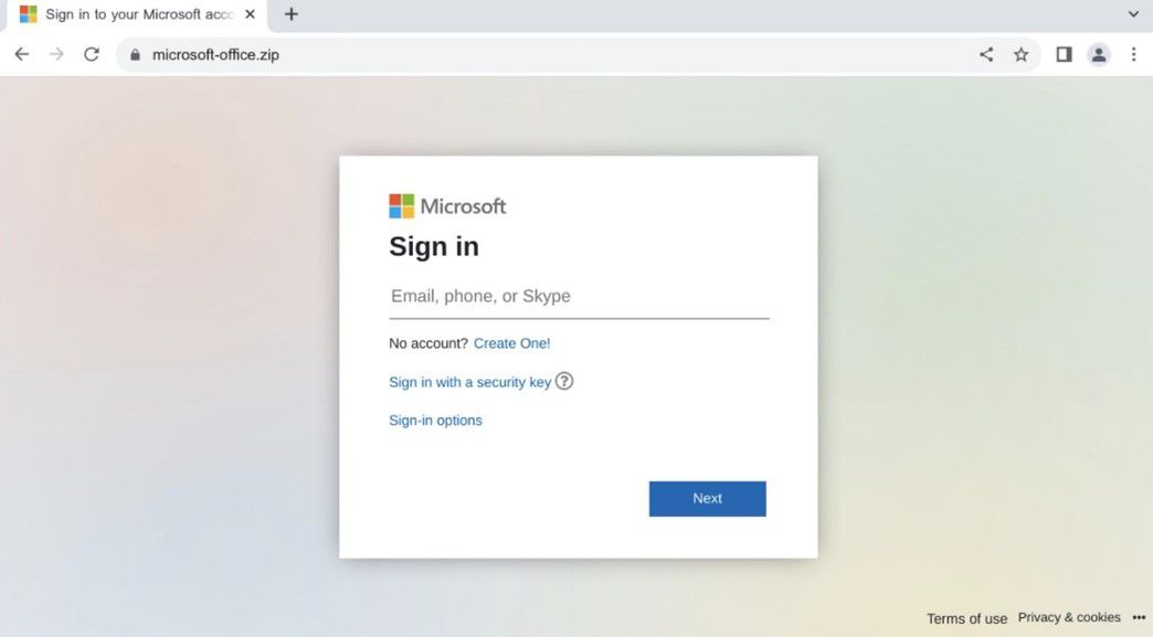 A fake O365 login page